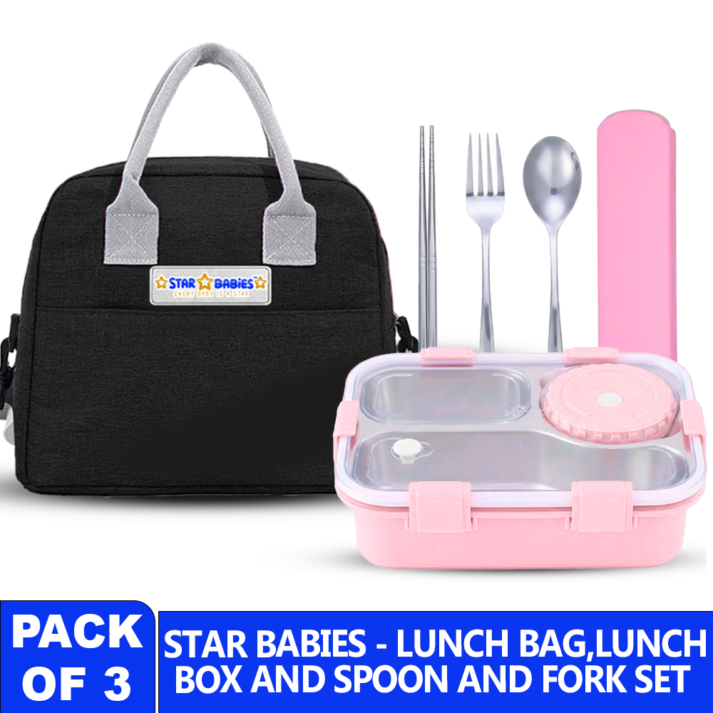Star Babies Lunch Bag With Bento Lunch Box & Stainless Steel Cutlery Set - Pack Of 3