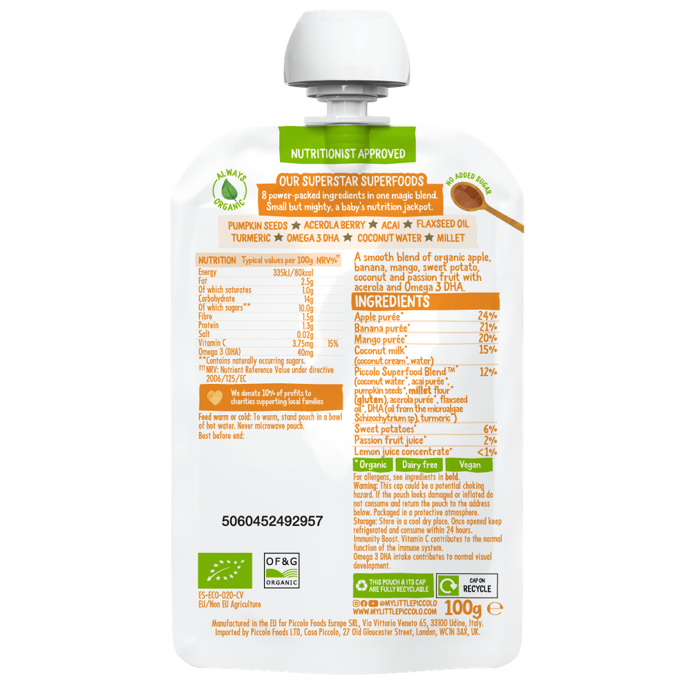 Piccolo - Organic Superboost Banana, Mango, Coconut & Passionfruit Baby Food - 100 gm