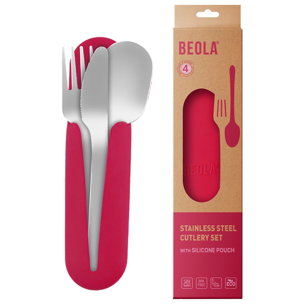Beola - Stainless Steel Travel Cutlery Set With Silicone Case - Raspberry