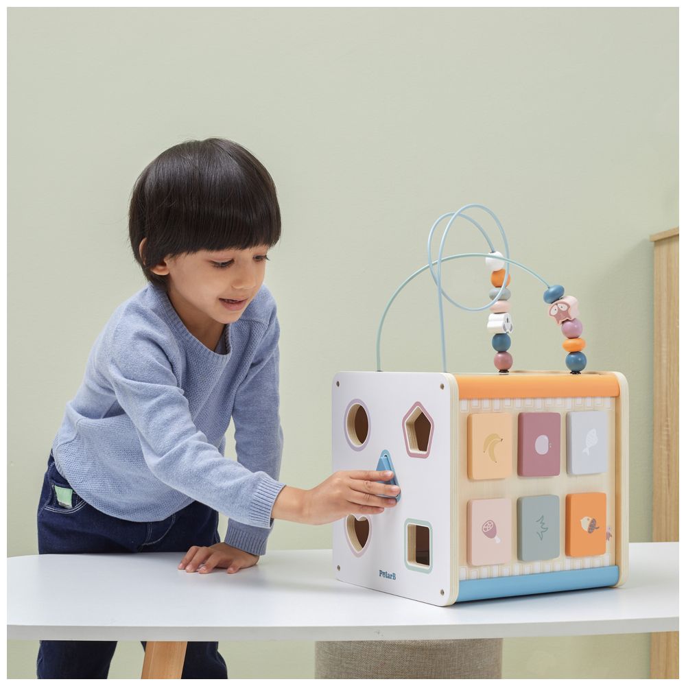 PolarB 8-in-1 Wooden Activity Cube - Xylophone Shape Sorter Bead Maze Mirror Blackboard