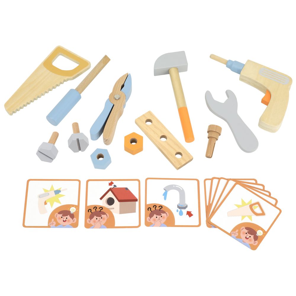 PolarB - Wooden Tool Set with Tools Screws Activity Cards Case