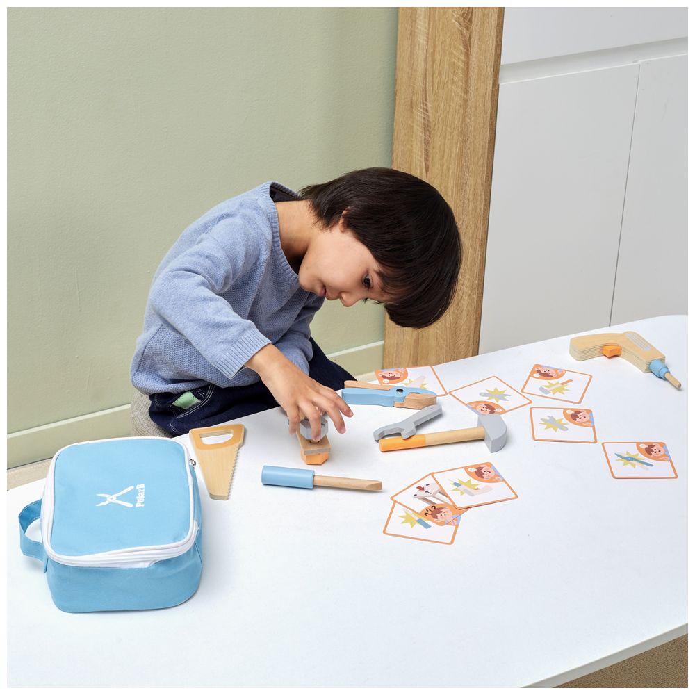 PolarB - Wooden Tool Set with Tools Screws Activity Cards Case