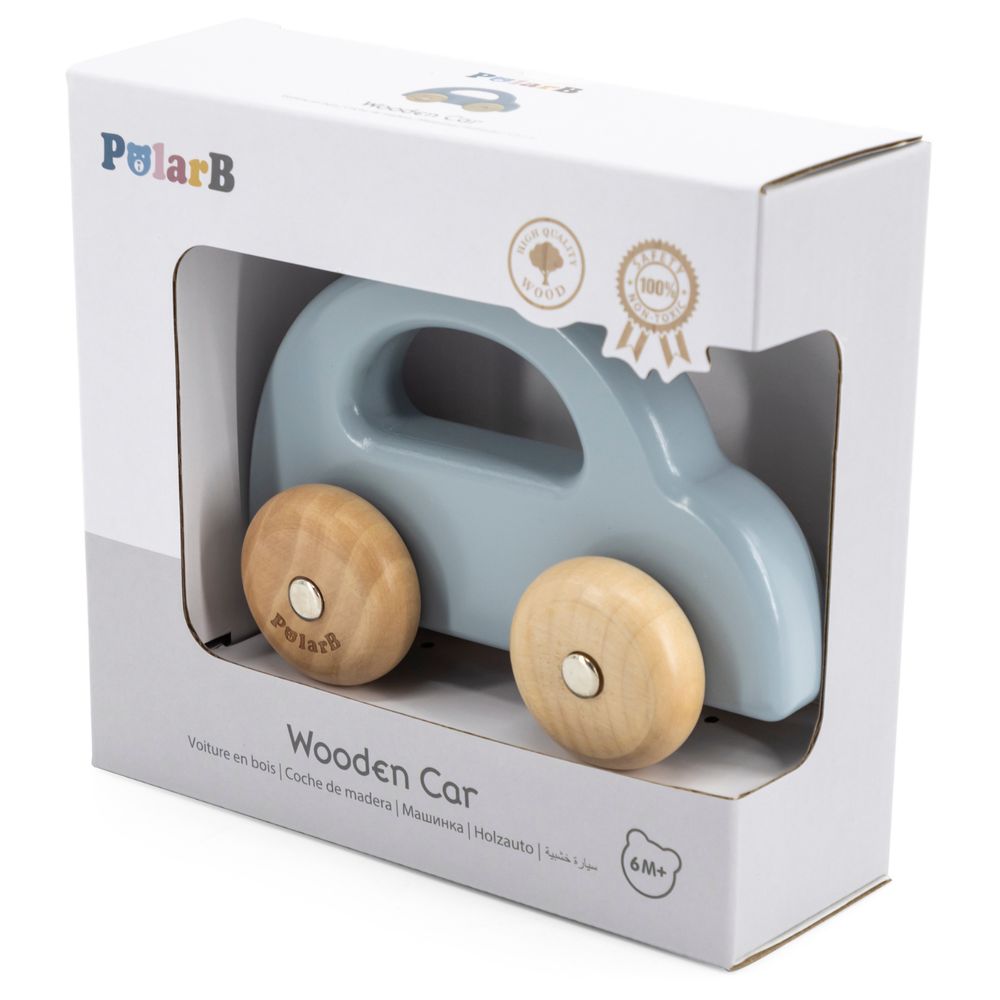 PolarB - Wooden Push Pull Car Montessori Natural Wood Vehicle Pastel Tones - Blue