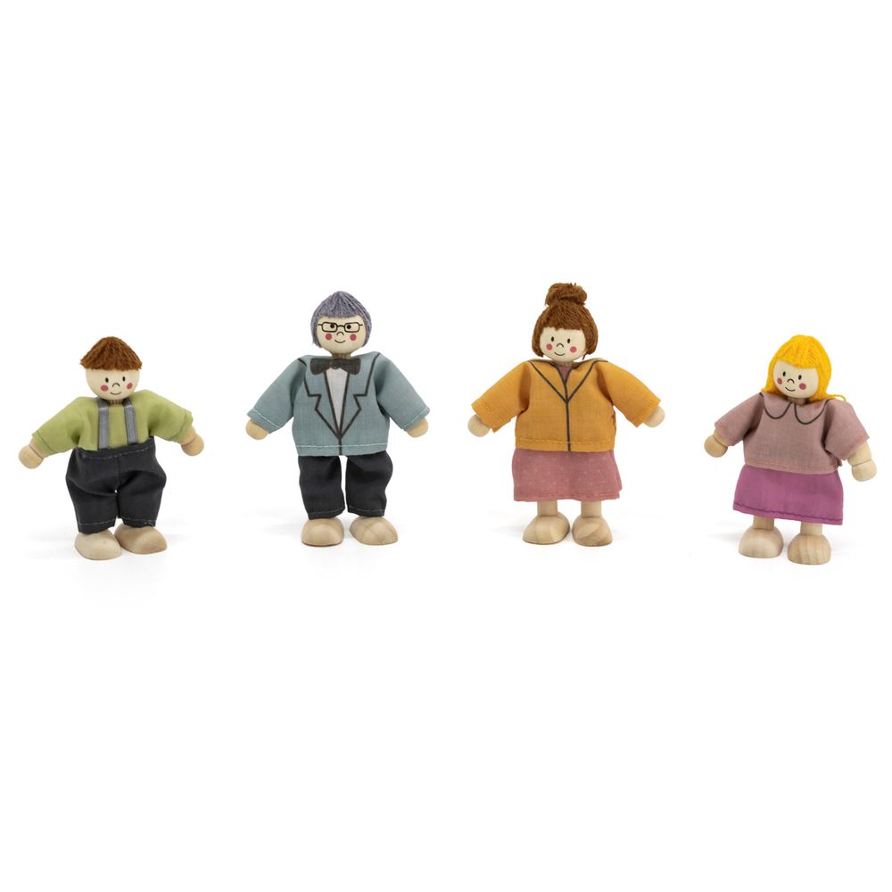 PolarB - Wooden Doll Family Poseable Figures Fabric Clothes Dollhouse Play - 4pcs