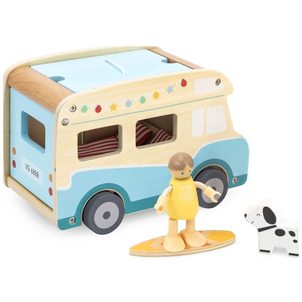 Viga - Wooden Camper Van Playset - 12pcs Montessori-Inspired Beach-Themed Vehicle Toy
