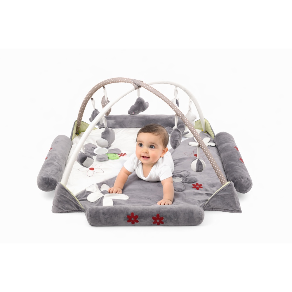 Little Learners - 2-In-1 Baby Play Mat And Activity Gym With 9 Toys - Grey