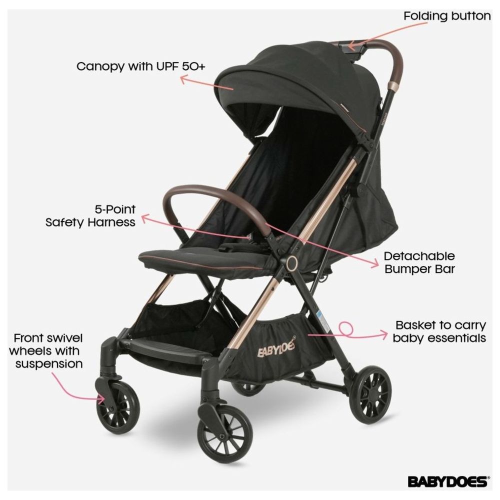 Babydoes Vaporz Gold Frame Baby Stroller - Black