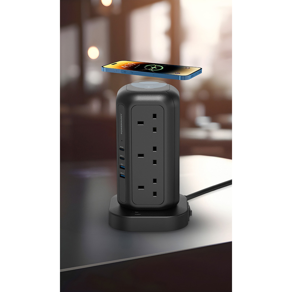 Powerology - Gan Tower Hub With 12 AC Sockets - Black - 3250 W