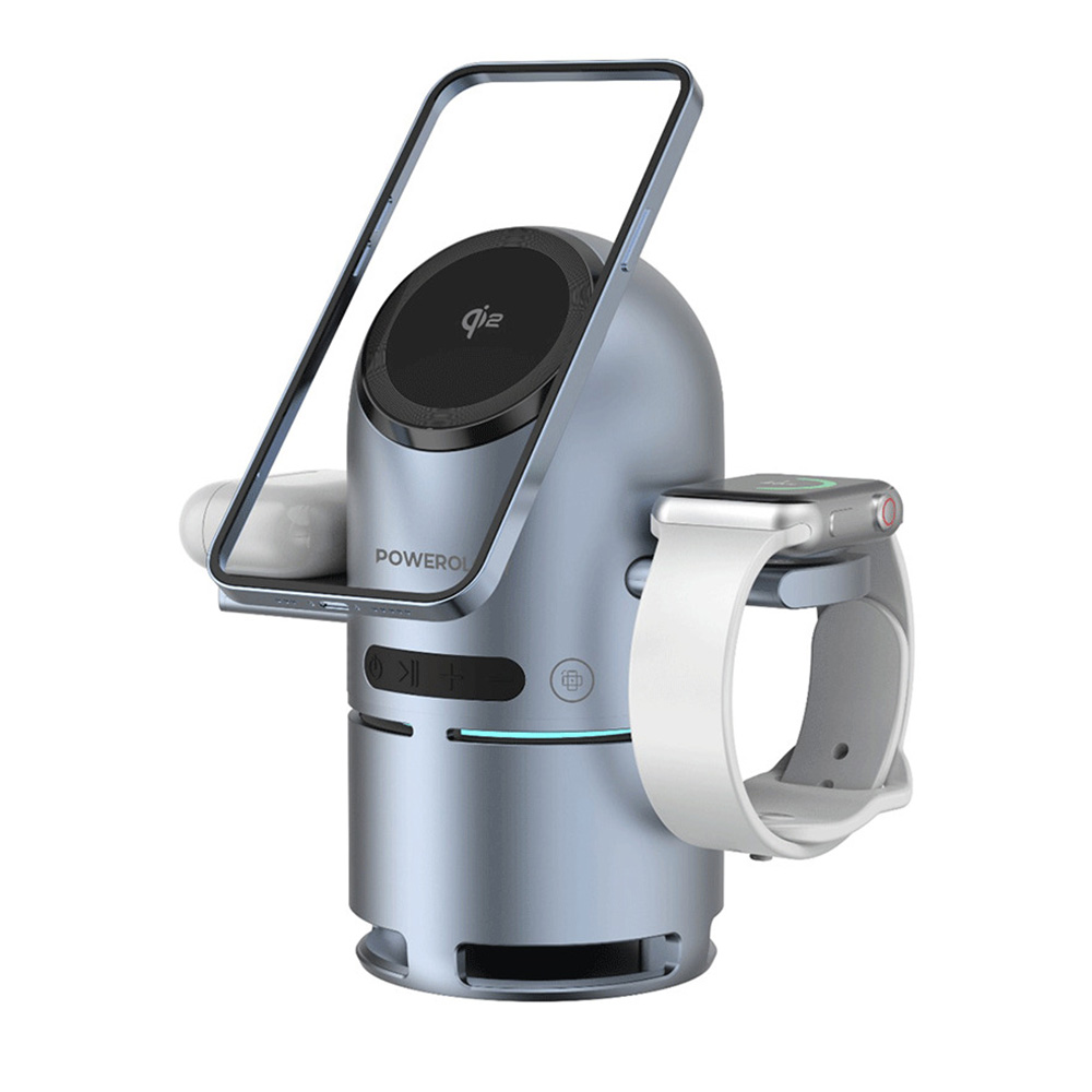 Powerology - Qi2 Speaker Charge Station With Pop-Out Dock - Grey - 1000 mAh