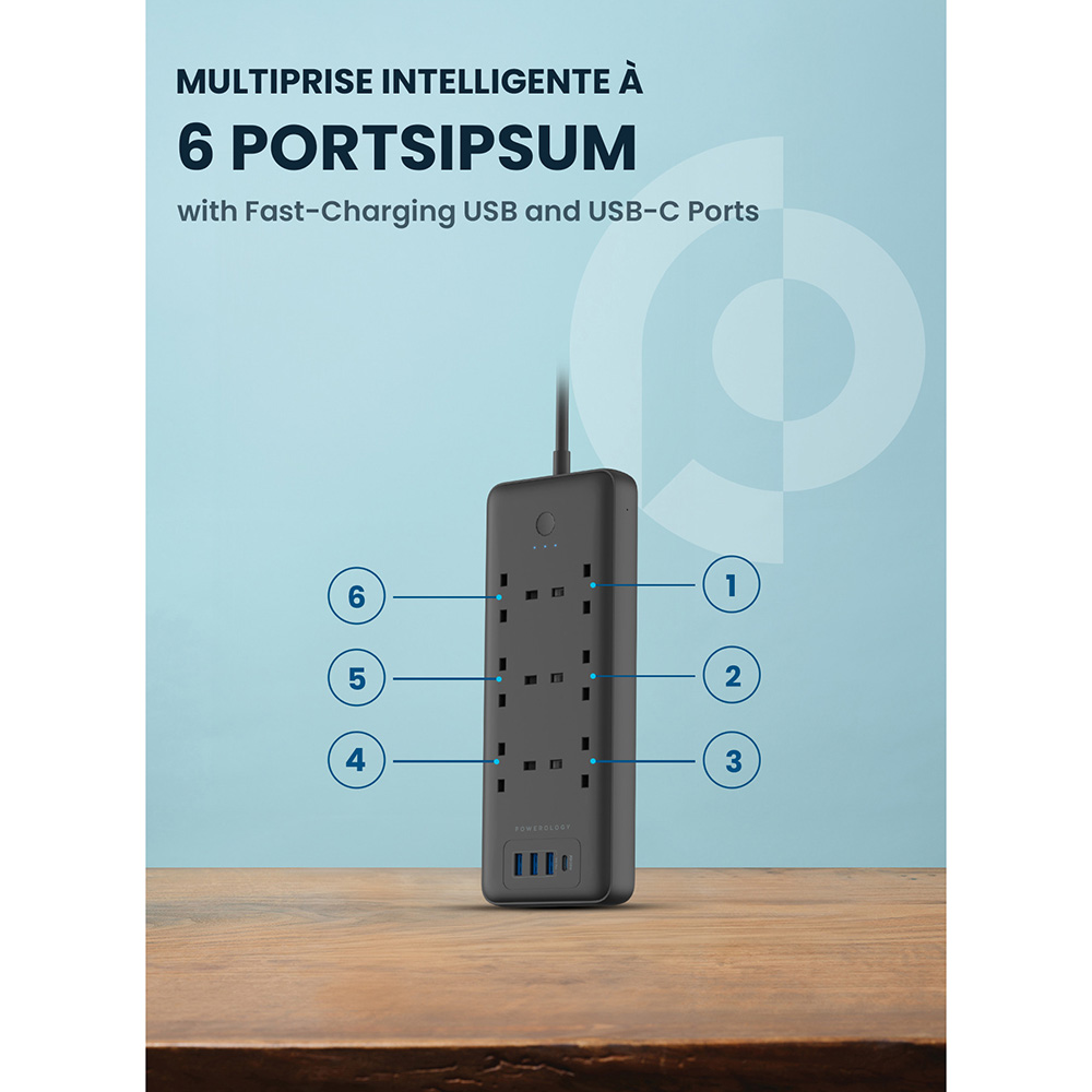 Powerology - 6 AC Multi-Port Power Strip With Surge Protection - Black - 3250 W