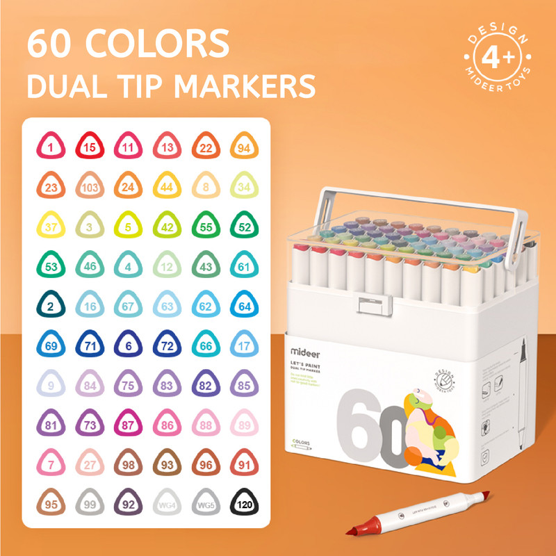 Mideer - Dual Tip Markers - Brush & Chisel Tip - 60 Colors