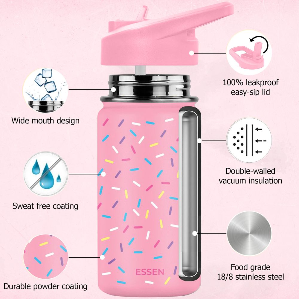 Essen - Stainless Steel Water Bottle, Straws & Cleaning Brush Set - Sprinkles - 414ml