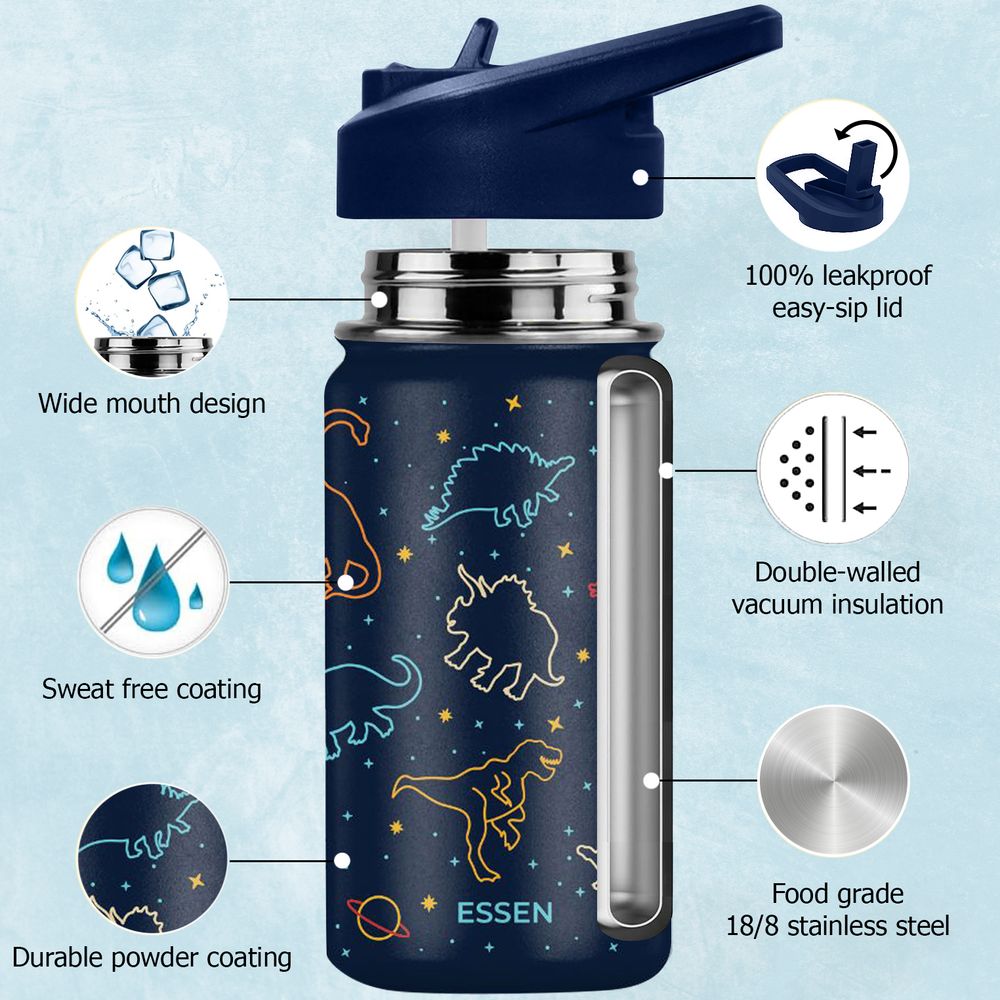 Essen - Stainless Steel Water Bottle, Straws & Cleaning Brush Set - Dinosaur - 414ml