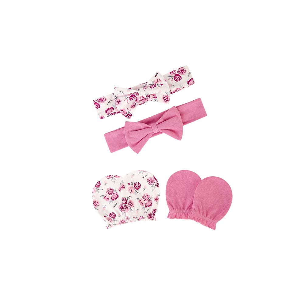 Hudson Childrenswear - 4pc-Set - Headband And Scratch Mittens Set - Rose Floral