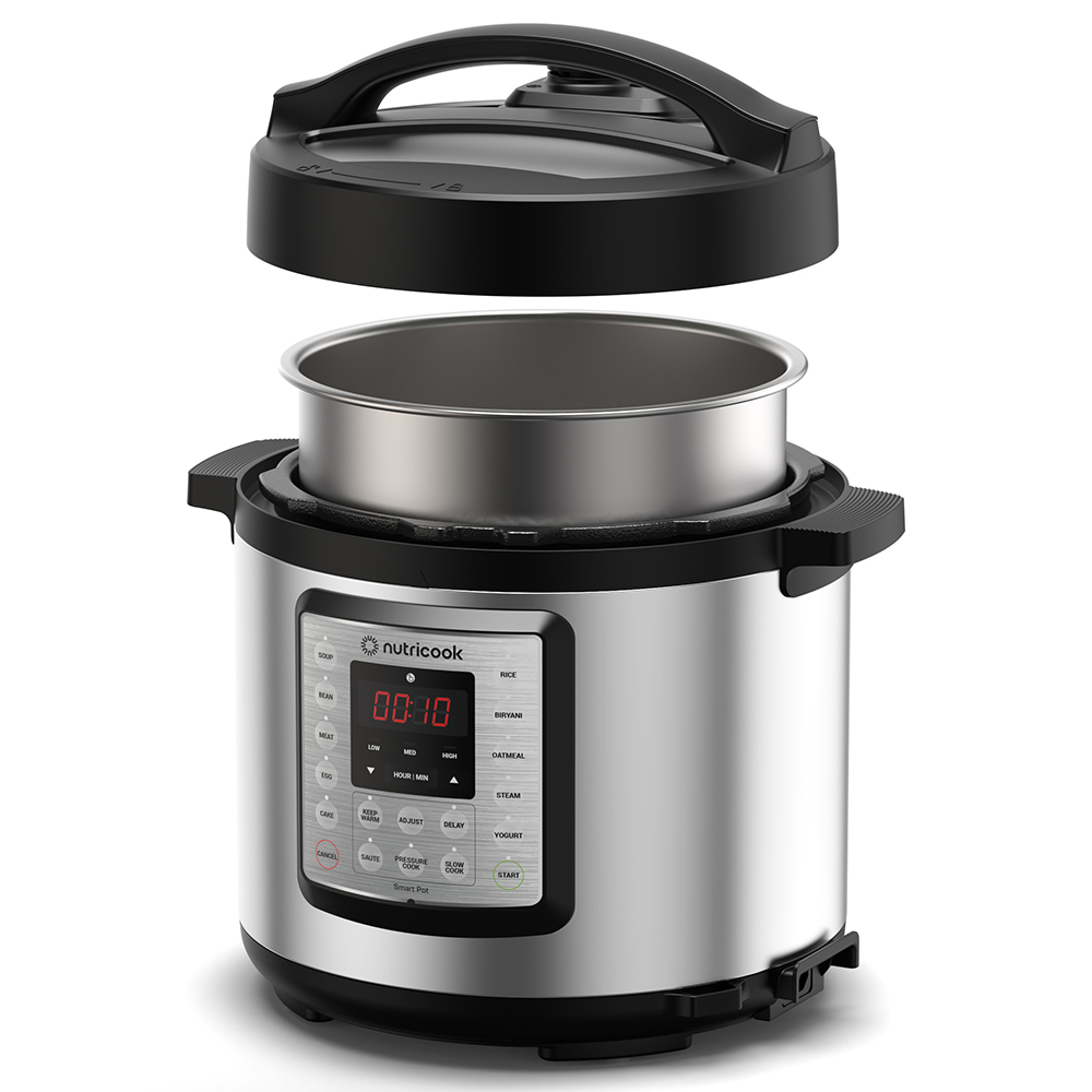 Nutricook - Electric Pressure Cooker - Smart Pot Eko On 1000 Watts - 9 In 1 Rice Cooker - Slow Cooker - Steamer - Saute Pot - Yogurt Maker And More - 6 Liters - Silver And Black