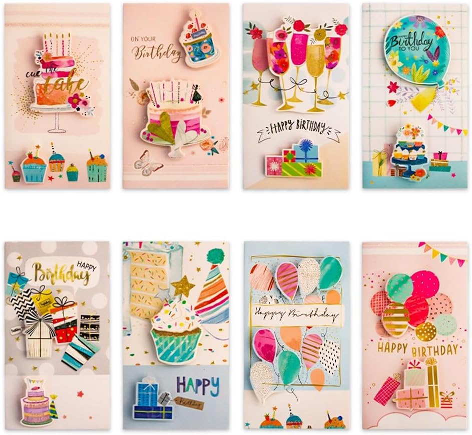 UKR - 8-pack 3d Happy Birthday Greeting Cards Large 9-inch Pop-up Cards With Envelopes Colourful Birthday Party Cards (set-c)