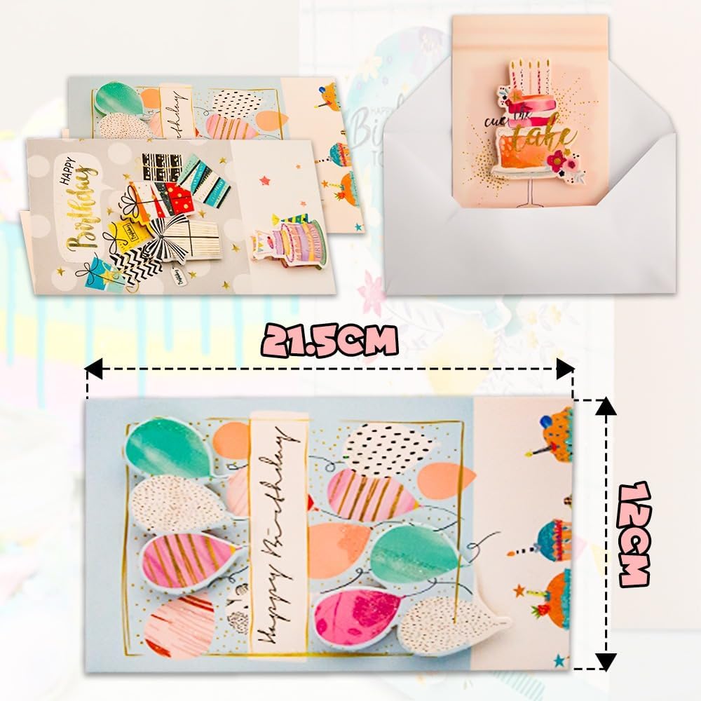 UKR - 8-pack 3d Happy Birthday Greeting Cards Large 9-inch Pop-up Cards With Envelopes Colourful Birthday Party Cards (set-c)