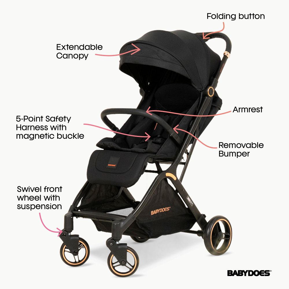 Babydoes Krafter - Autofold Compact Stroller, 0-4Y (22 kg) - Black
