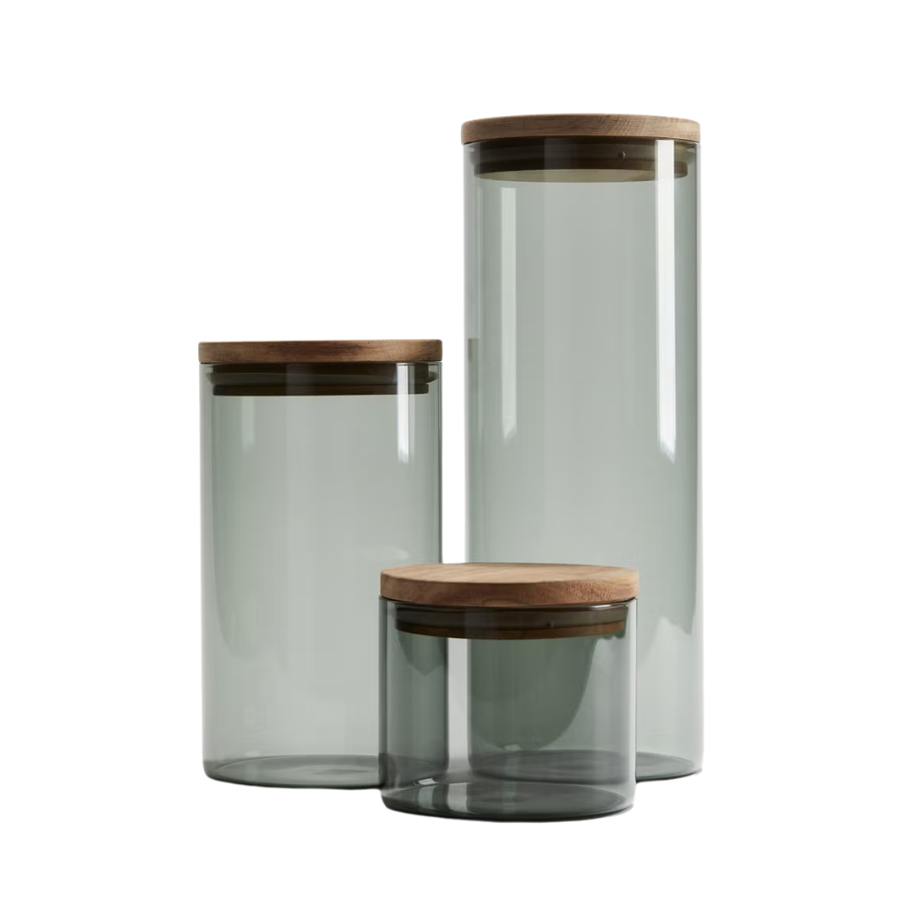 1chase - Borosilicate Glass Storage Jar - 600ml - 900ml - 1300ml - 3pc Set - Smoky Grey