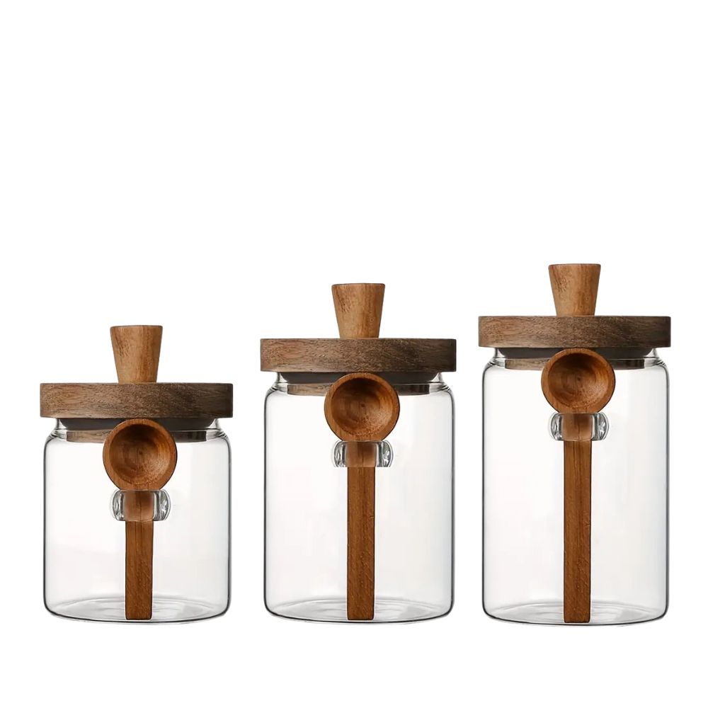 1Chase - Glass Storage Jar With Acacia Wooden Lid And Spoon – Airtight Food Container For Coffee And Tea – 400ml - 600ml - 800ml
