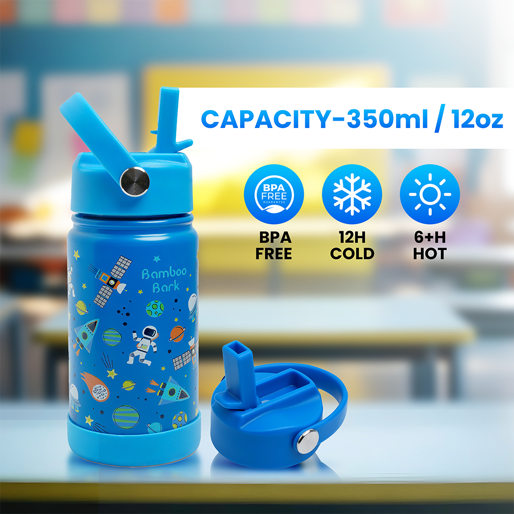 Bamboo Bark - Astrospace Insulated Water Bottle With Straw & Handle - Blue - 350 ml