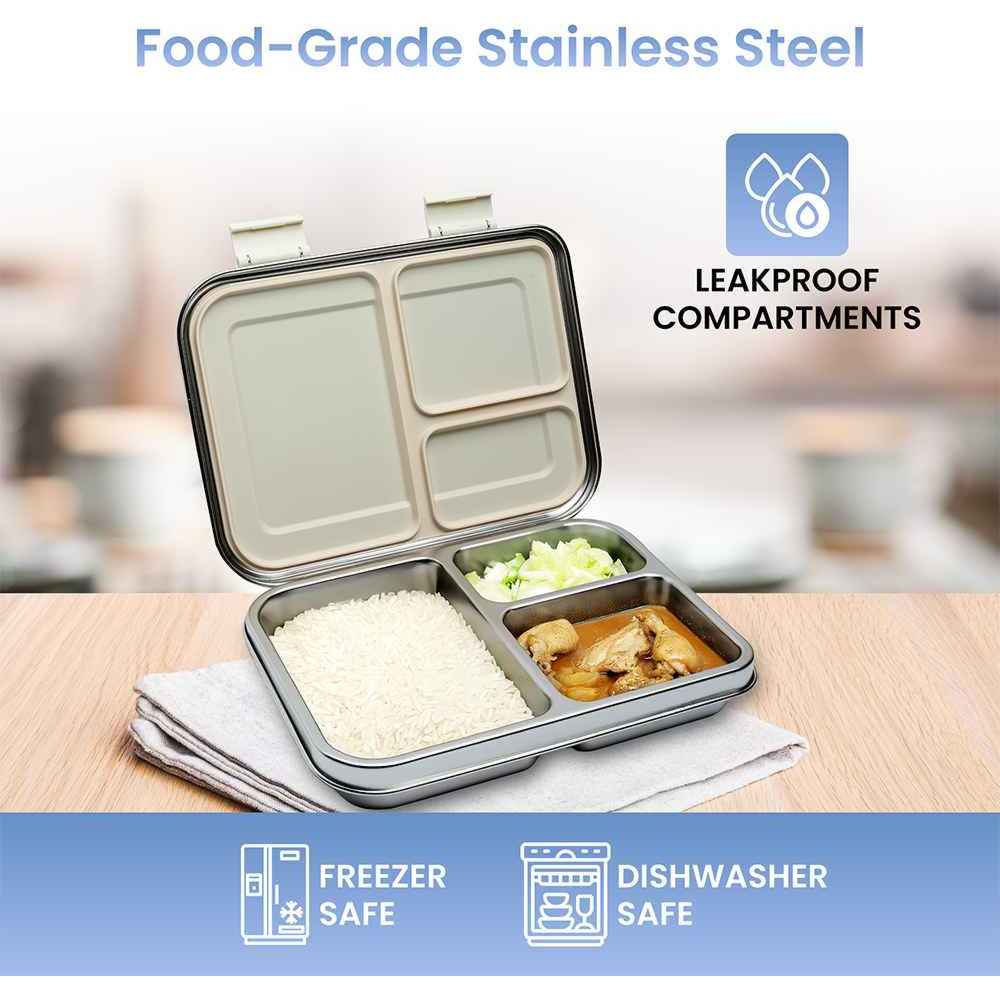 Bamboo Bark - Stainless Steel Lunch Box With 3 Compartments - Silver