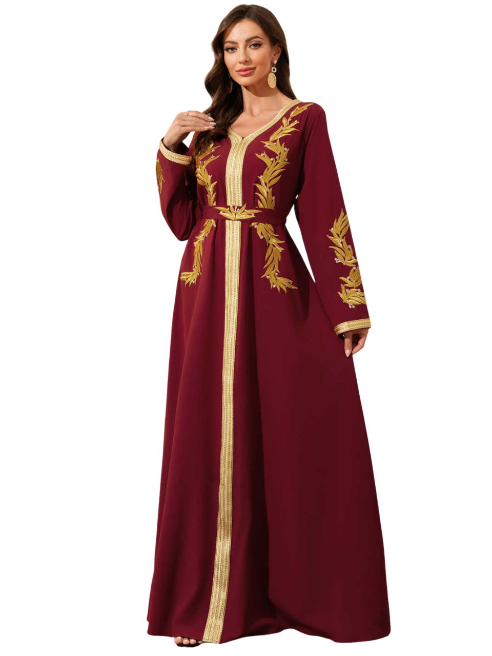 Bidani - Mediterranean Floral Bell-Sleeve Kaftan - Maroon