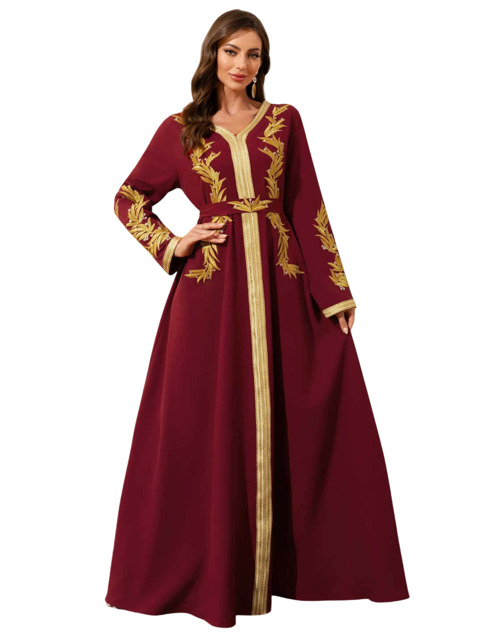 Bidani - Mediterranean Floral Bell-Sleeve Kaftan - Maroon