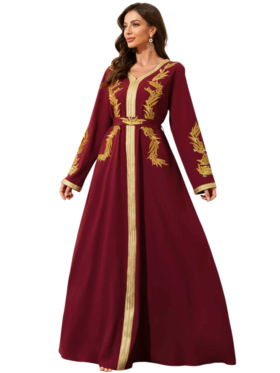 Bidani - Mediterranean Floral Bell-Sleeve Kaftan - Maroon