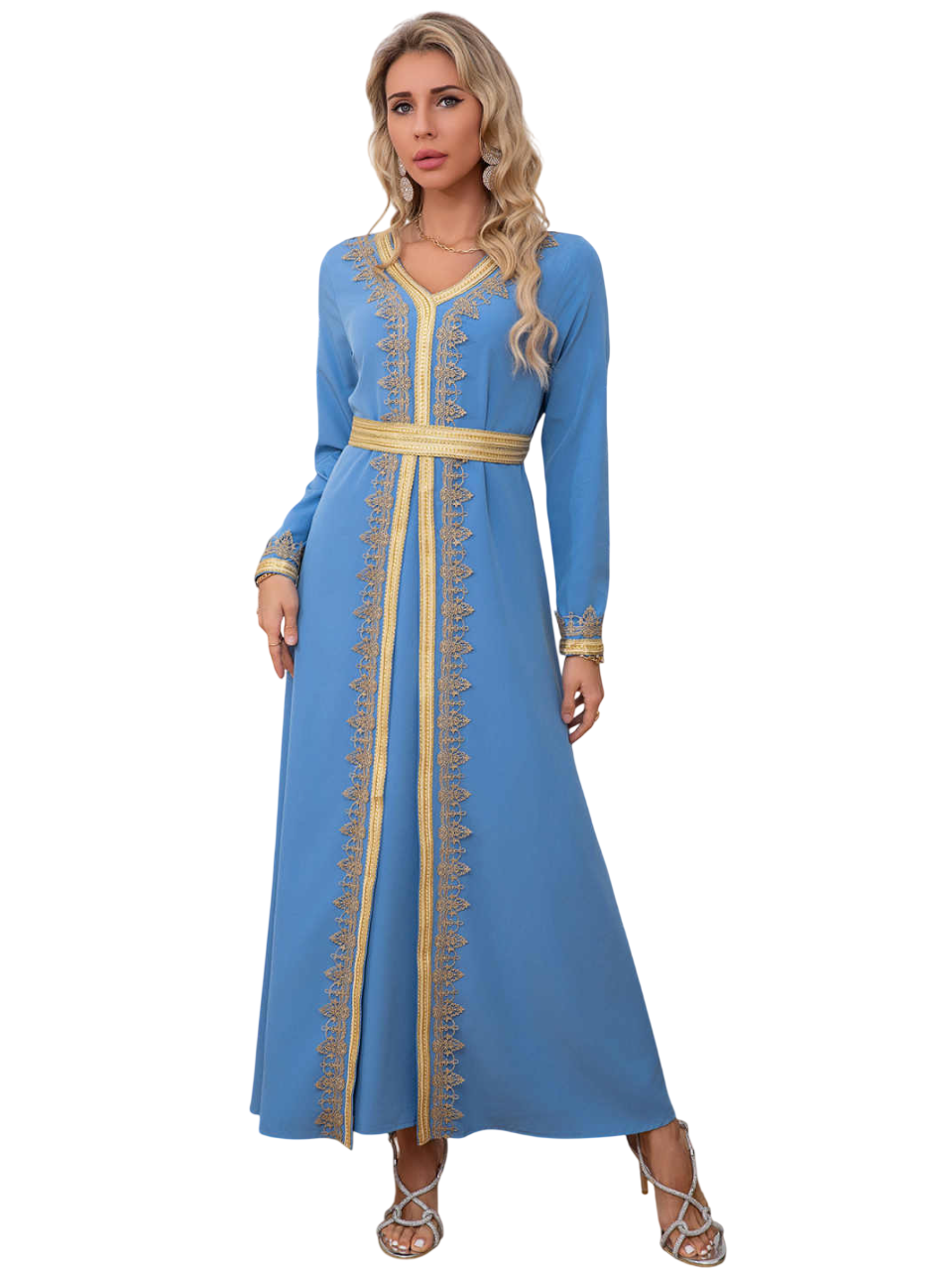 Bidani - Serene Kaftan With Golden Lattice Detail - Sky Blue
