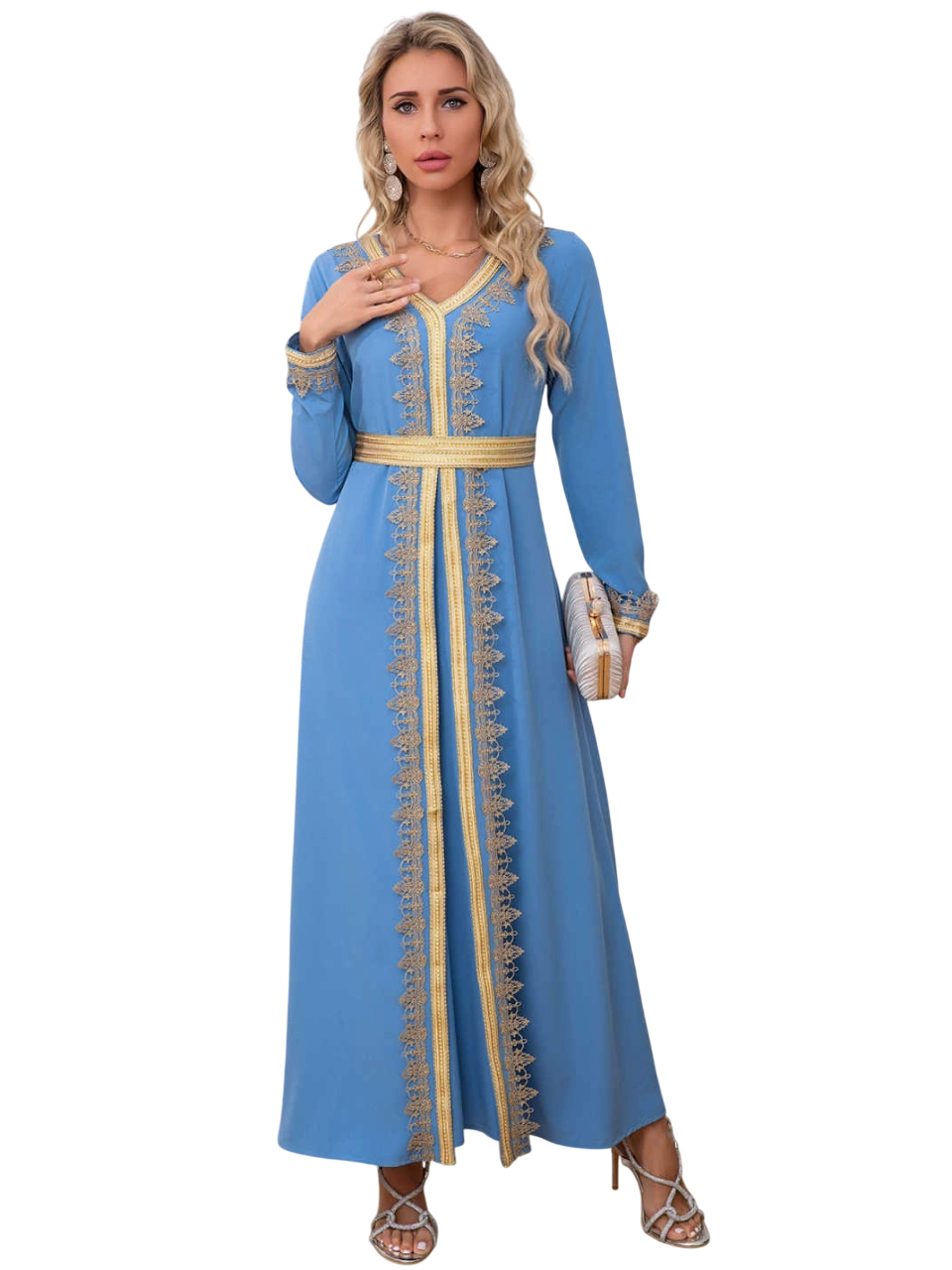 Bidani - Serene Kaftan With Golden Lattice Detail - Sky Blue