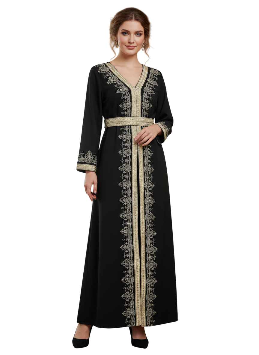 Bidani - Serene Kaftan With Golden Lattice Detail - Black