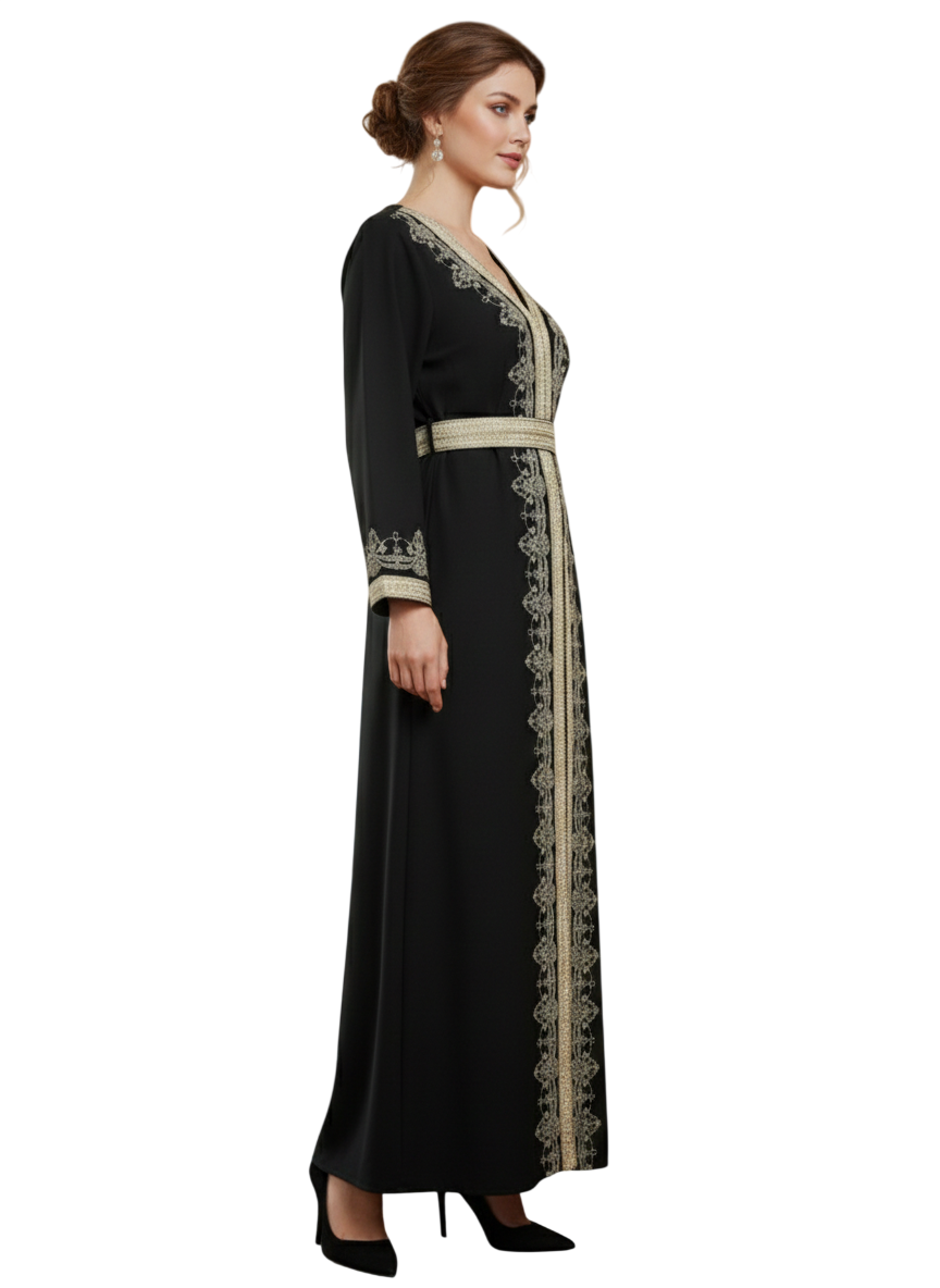 Bidani - Serene Kaftan With Golden Lattice Detail - Black