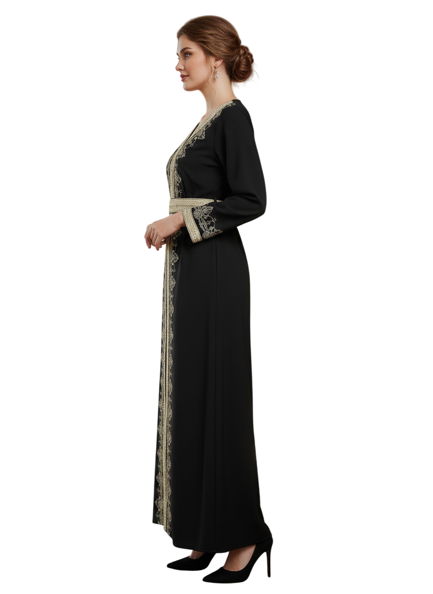 Bidani - Serene Kaftan With Golden Lattice Detail - Black