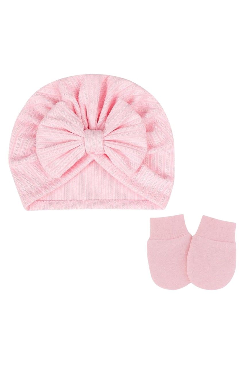 Bambimici - 2pc-Set - Baby Bow Detail Turban Hat & Mittens - Pink