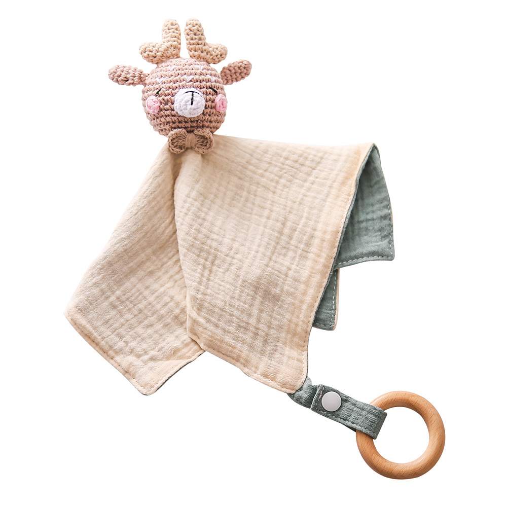 Bambimici - Baby Deer Reversible Muslin Washcloth With Wooden Teether - Grey