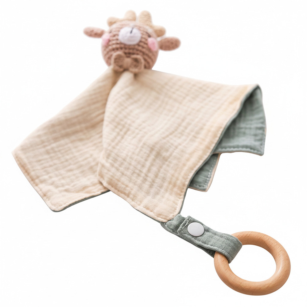 Bambimici - Baby Deer Reversible Muslin Washcloth With Wooden Teether - Grey