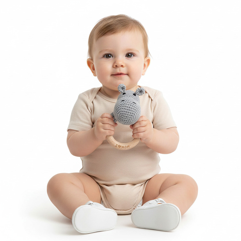 Bambimici - Baby Hippopotamus Handmade Crochet Teether - Grey