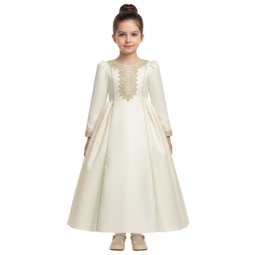 D' Daniela - Zara Embroidered Jalabiya Abaya With Tie-Up Belt - Cream