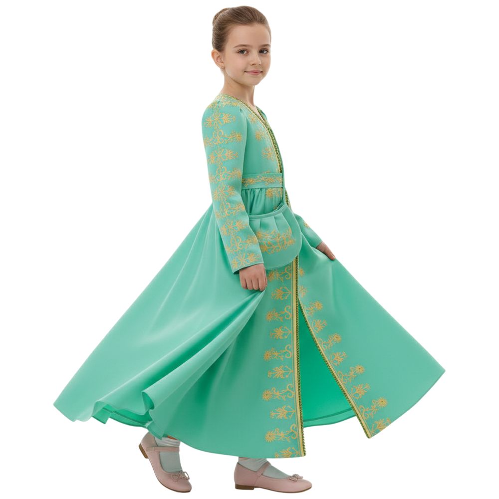 D' Daniela - Liya Embroidered Jalabiya Abaya With Tie-Up Belt - Tiffany