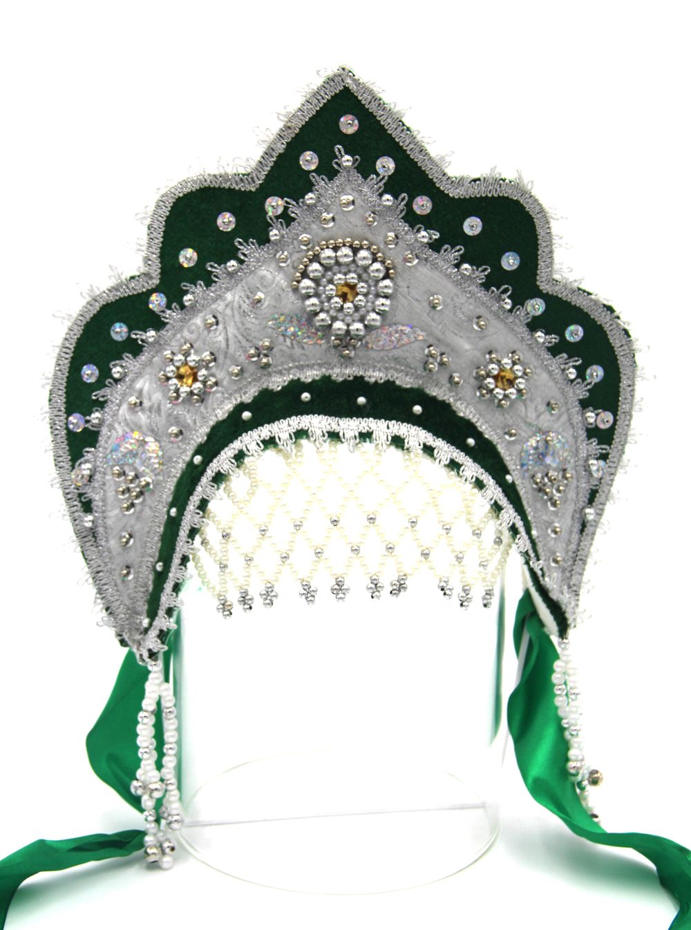D' Daniela - Women's Traditional Headdress Kokoshnik - Green and White With Silver Stones