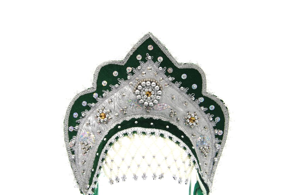 D' Daniela - Women's Traditional Headdress Kokoshnik - Green and White With Silver Stones
