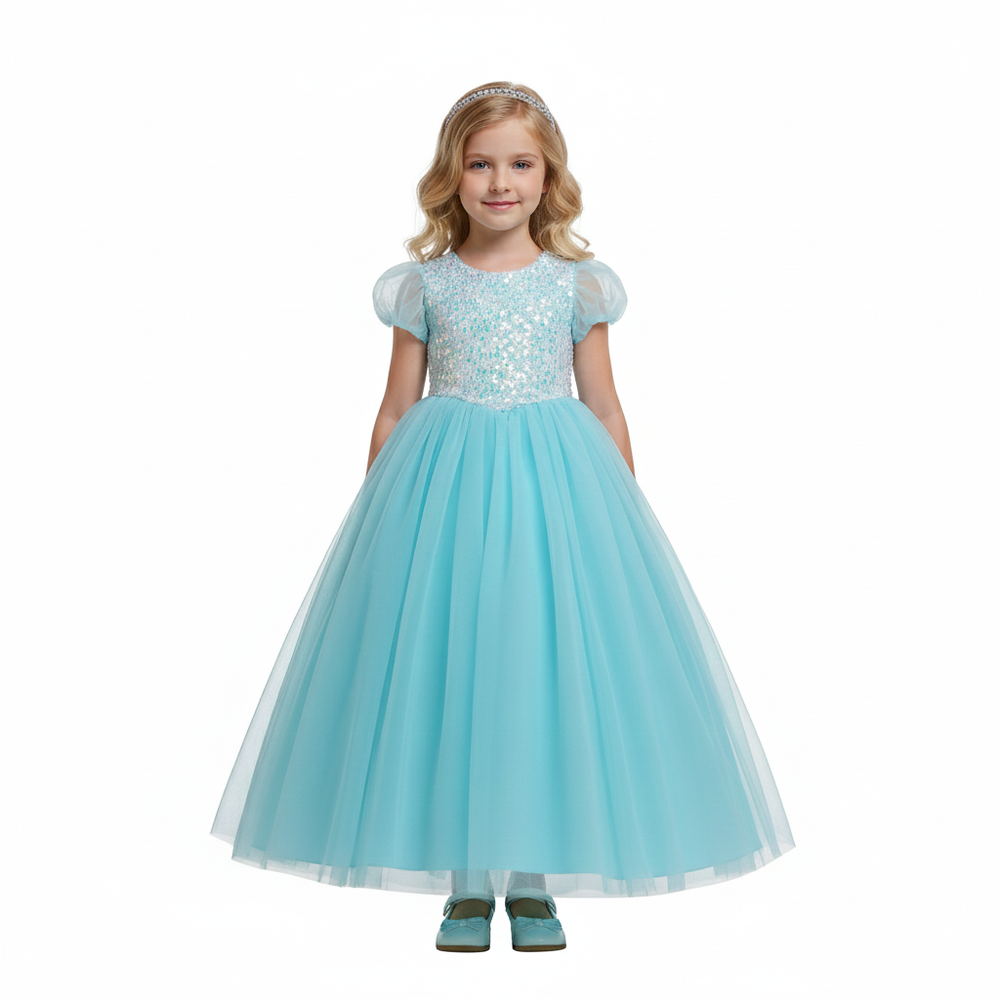 Bidani - Girl's Glam Aura Round Neck Dress - Sky Blue