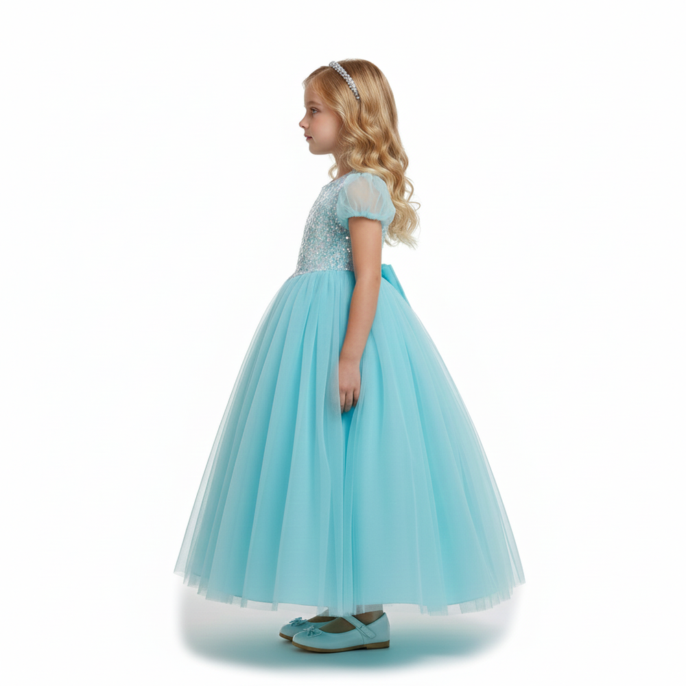 Bidani - Girl's Glam Aura Round Neck Dress - Sky Blue