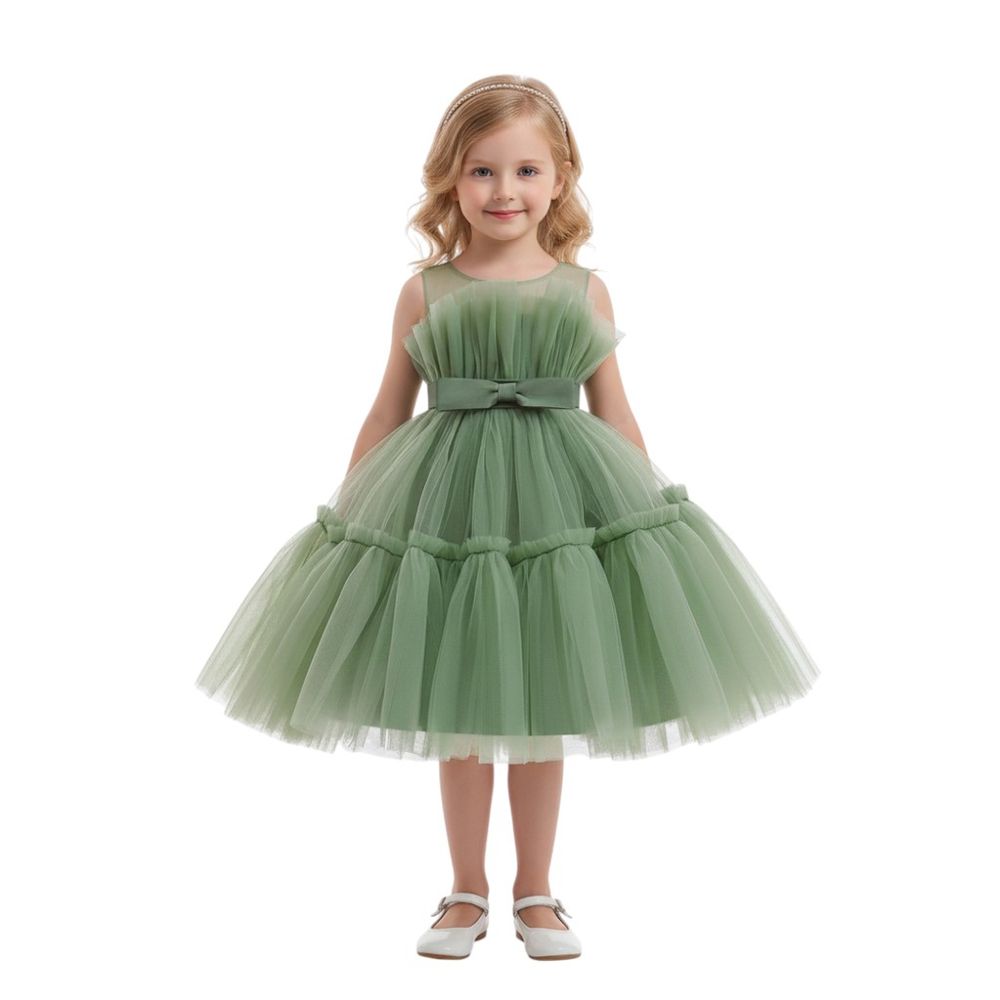 Bidani - Girl's Elegance Round Neck Dress - Olive