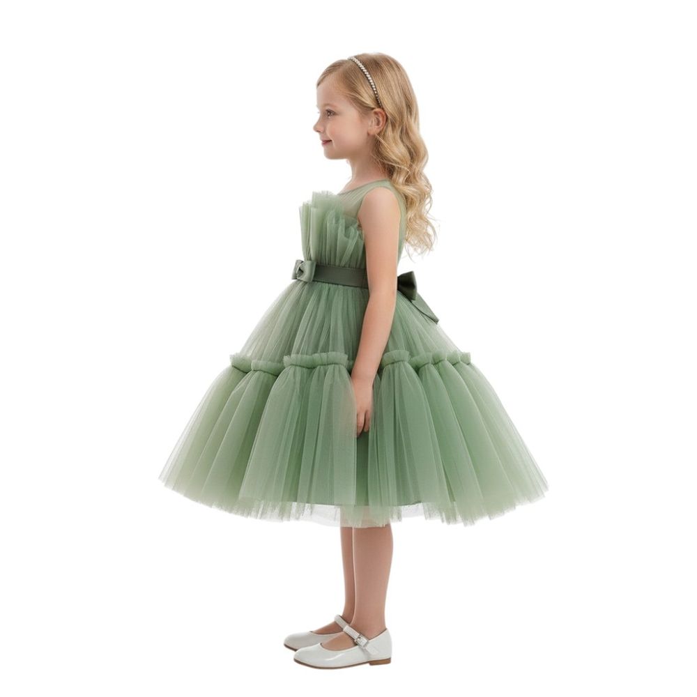 Bidani - Girl's Elegance Round Neck Dress - Olive