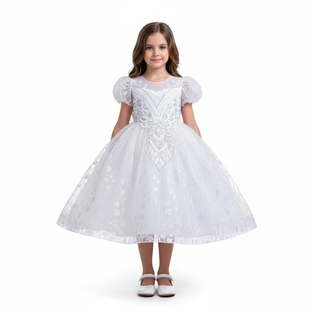 Bidani - Girl's Shine Round Neck Dress - White
