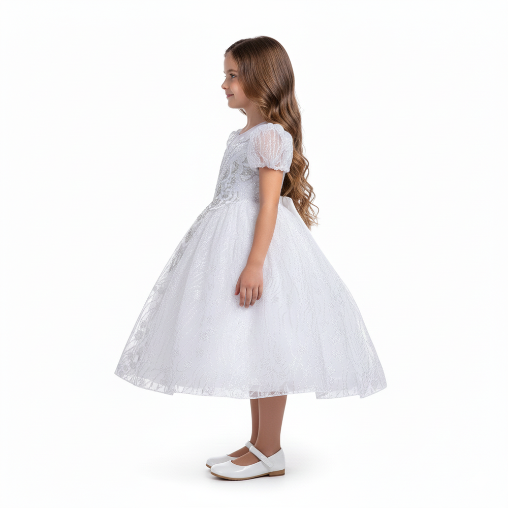 Bidani - Girl's Shine Round Neck Dress - White