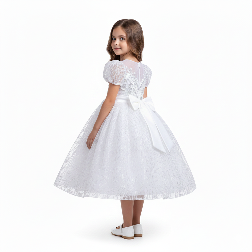 Bidani - Girl's Shine Round Neck Dress - White