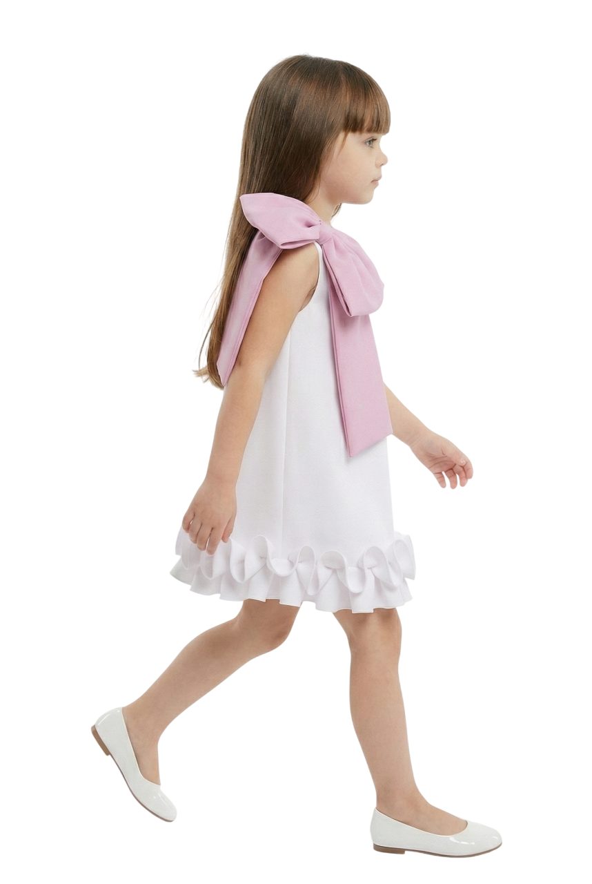 Bidani - Girl's Royal Bow Detail Sleeveless Dress - White